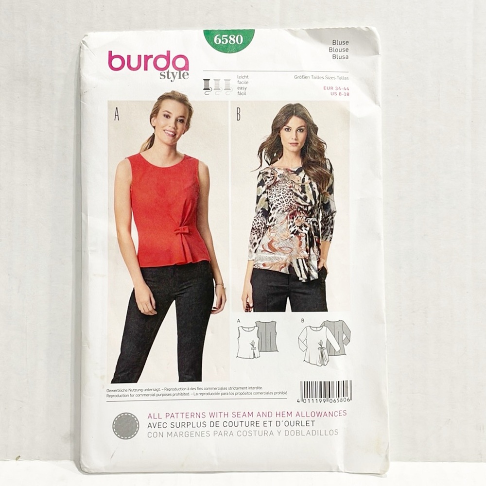 Burda Style Sewing Pattern 6580 UNCUT‎ Factory Folded Womens Blouse size 8-18